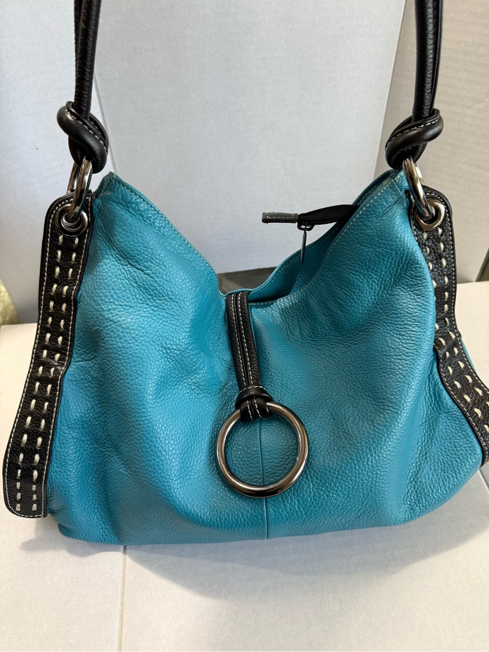 Unique Bright Blue Leather Purse Turquoise Shoulder Bag w Black Trim and White